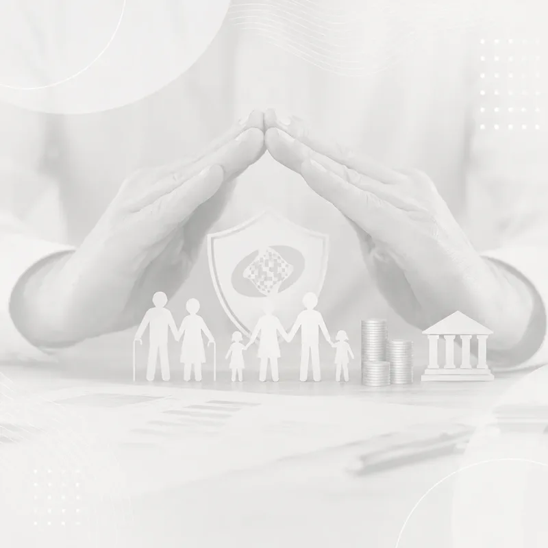 Mãos protegendo símbolos de família, previdência e finanças, representando a proteção oferecida pela Lirius